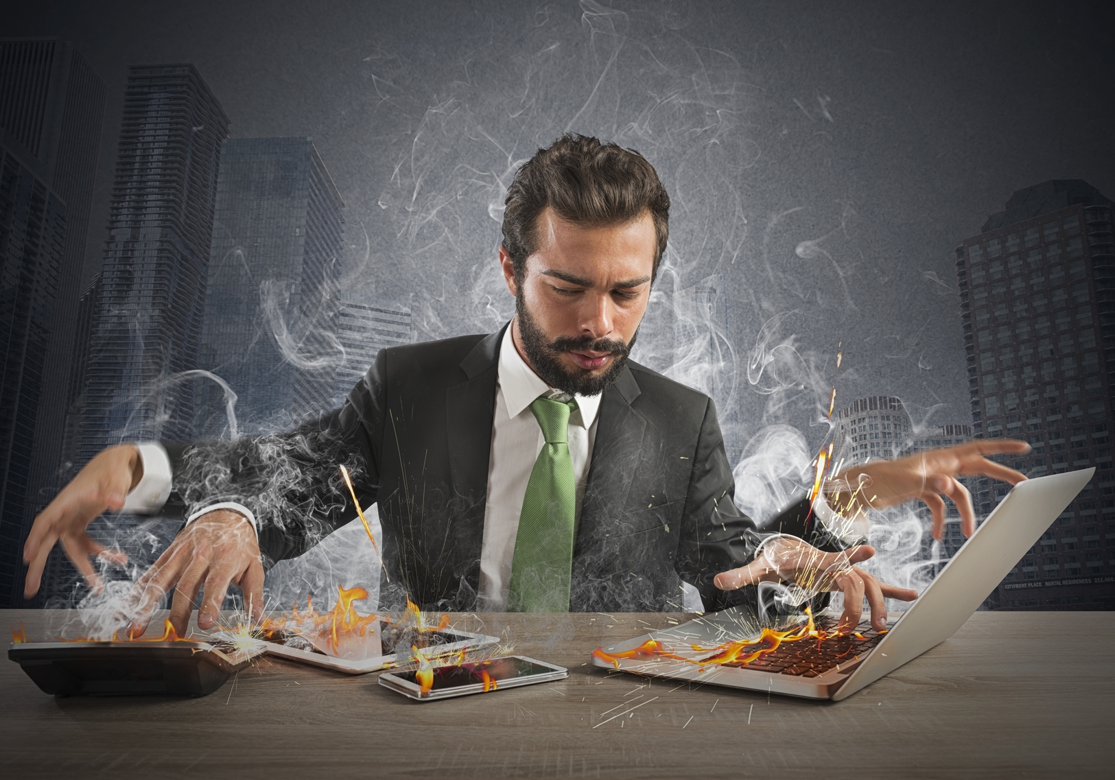 Stressed,Businessman,Working,Quickly,With,Many,Computer